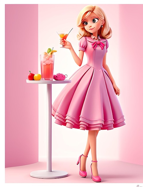 Beautiful doll girl in cocktail dress pink color pink doll