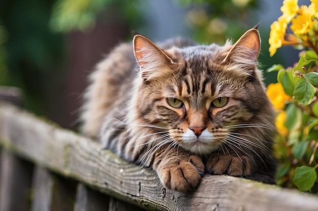 Beautiful domestic cat laying on a fence