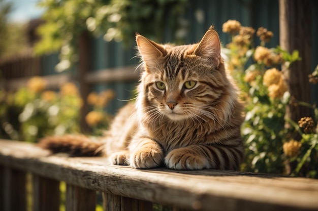 Beautiful domestic cat laying on a fence