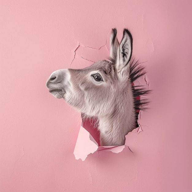 Photo beautiful donkey looking up in pastel color paper side torn hole isolated generative ai