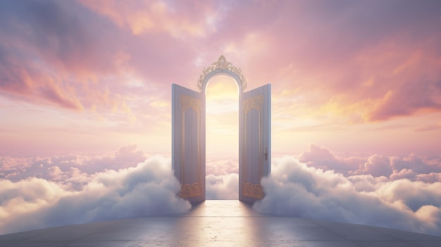 Photo a beautiful door to heaven with colored clouds