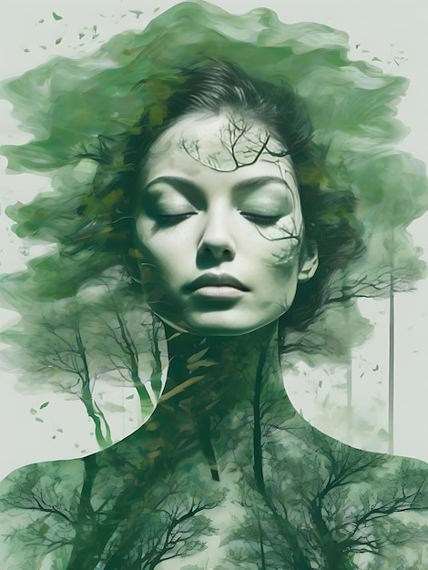 Beautiful Double exposure of woman with closed eyes and green forest with leafless tree in windy