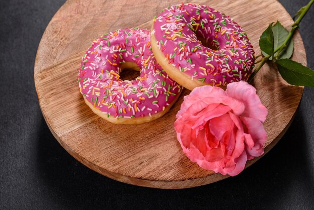 A beautiful doughnut with pink glaze and colored sprinkle on a dark concrete background