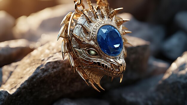 Beautiful dragon earrings made of gold and blue diamonds captured in nature generative ai