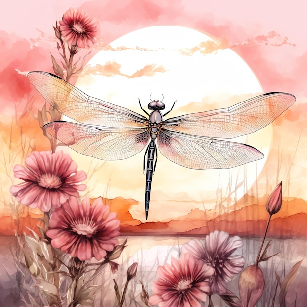 Beautiful dragonfly against a sunset backdrop watercolor clipart illustration