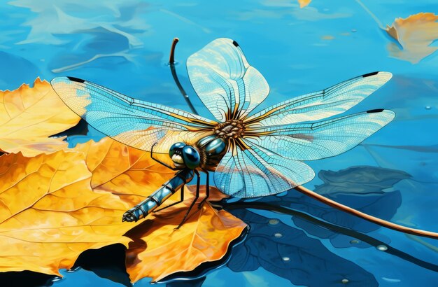 Beautiful Dragonfly on Blue Leaf Unique Design with EyeCatching Color