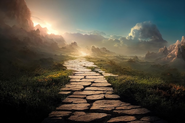 Beautiful dramatic mysterious landscape with spiritual pathway to heaven Digital 3D illustration