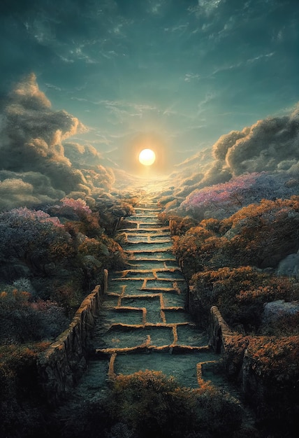 Beautiful dramatic mysterious landscape with spiritual pathway to heaven Digital 3D illustration