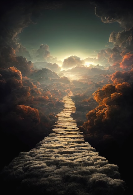 Красивый драматический таинственный пейзаж с духовным путем на небеса Цифровая 3D иллюстрация