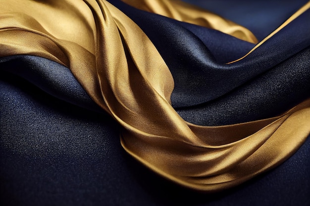 Beautiful Drapery of Navy Blue and Golden Fabric 3D Art Work Abstract Background