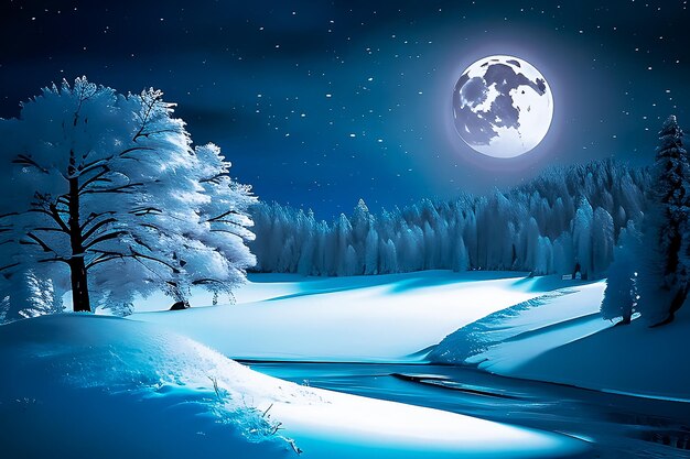 Красивый рисунок снежного зимнего пейзажа с яркой полнолунией и снежными пятнами