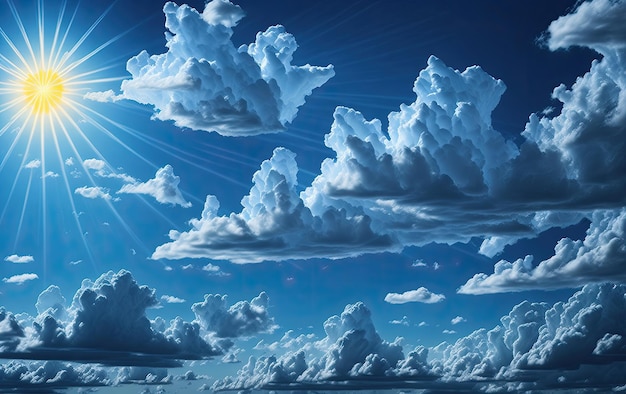 Beautiful drawing of thick clouds and the sun against the blue sky