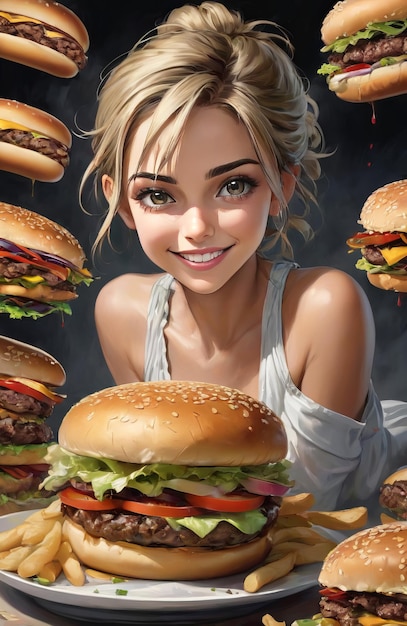 Beautiful drawn girl with a hamburger Generative AI