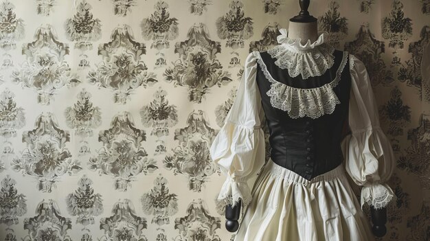 A beautiful dress displayed on a mannequin in front of a wall