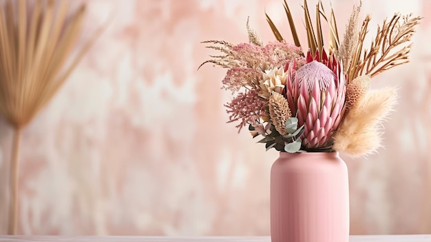 Beautiful dried flower arrangement in a stylish pink vase In the flower bunch pink Generative Ai