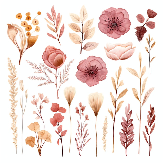 beautiful dried flowers in a boho style clipart illustration