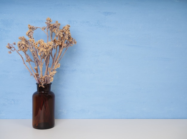 Bellissimi fiori secchi in vaso di vetro posti su un tavolo di legno bianco con sfondo blu a parete con spazio per le copie, natura morta dai toni morbidi