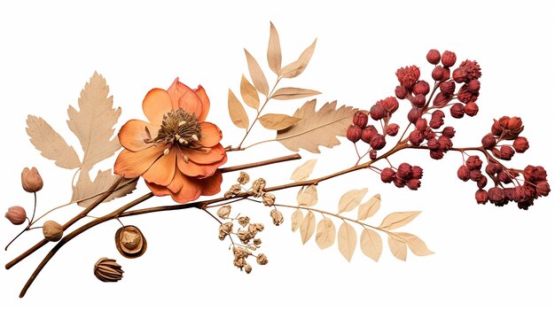 beautiful dried rowan lotus floral and leave wedding decoration and boho flower on white background