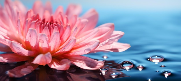 Beautiful drop of water morning dew on petal of pink chrysanthemum flower