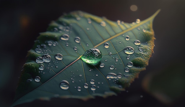 Beautiful drops morning dew on green leaf Summer natural background Generative AI