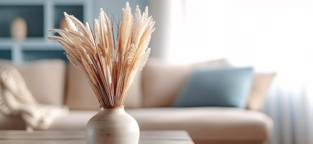 beautiful dry grass bouquet in a vase cozy boho living room blurry background with copy space