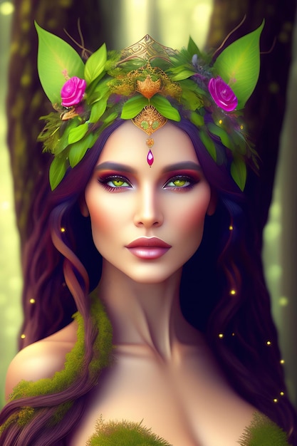 Прекрасная богиня-дриада в лесу Фея лесной нимфы из сказочной страны Сделано с помощью генеративного искусственного интеллекта