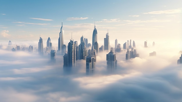 красивая сцена Дубая с видом с воздуха на горизонт Дубая, парящий утренний туман