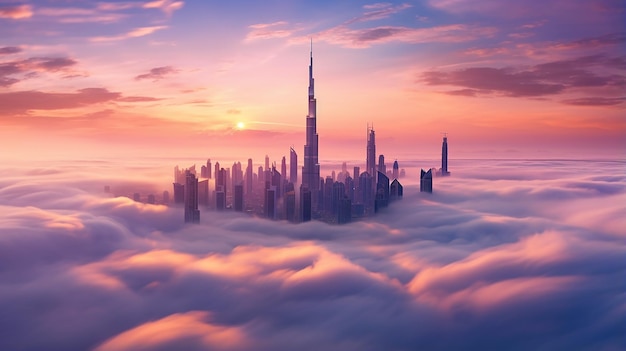 beautiful Dubai sunset view of downtown covered with clouds