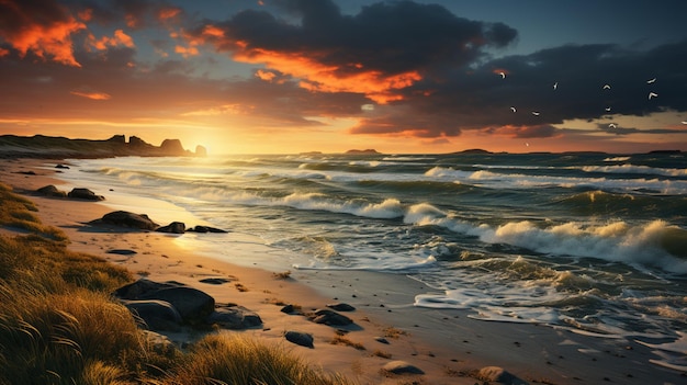 Beautiful dunes beach at sunset North Sea Germany