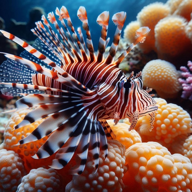 Foto bellissimo pesce leone nano sulle barriere coralline pesce lione nano da vicino