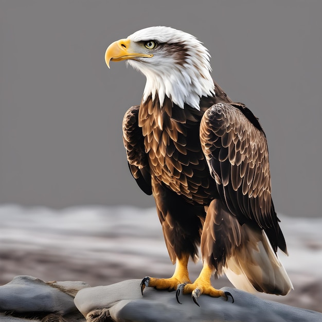 Foto una bella aquila che guarda in avanti è mostrata su uno sfondo bianco a tutta lunghezza