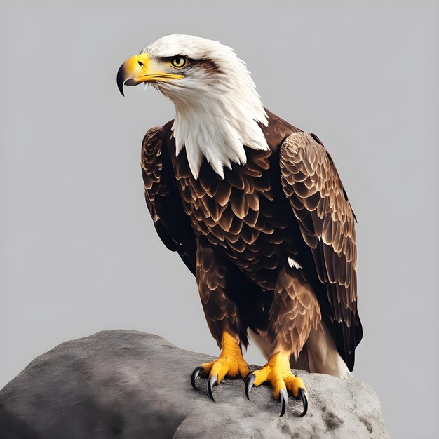 Foto una bella aquila che guarda in avanti è mostrata su uno sfondo bianco a tutta lunghezza