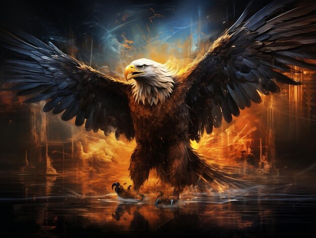 写真 炎の水に反射する美しい鷹