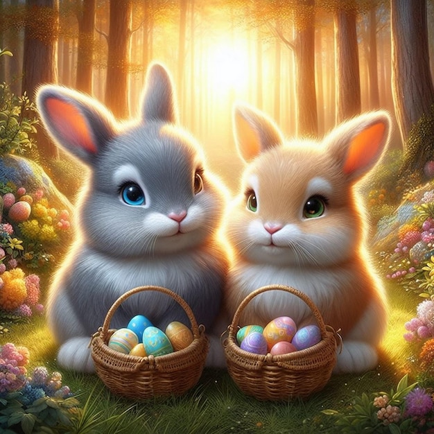 Beautiful Easter background images two bunnies sitting in a magical forest Easter bunnies