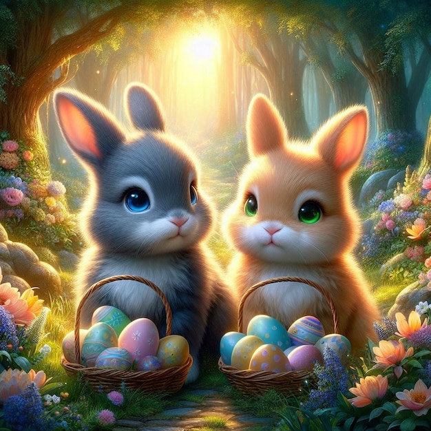 Красивые пасхальные фоновые изображения двух кроликов, сидящих в волшебном лесу Пасхальные кролики