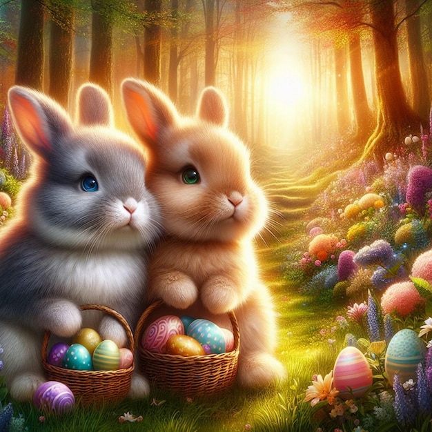 마법의 숲에 앉아 있는 아름다운 부활절 배경 사진 두 마리의 토끼 부활절 토끼