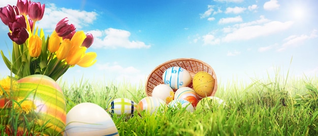 Beautiful Easter background with colorful Easter eggs