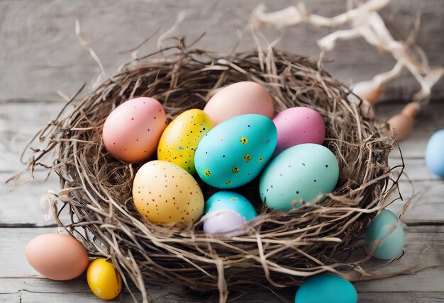 Foto bellissimo cesto di pasqua con semplici uova colorate in un nido