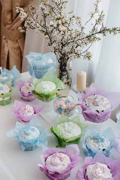 Beautiful Easter cakes on a decorated light table