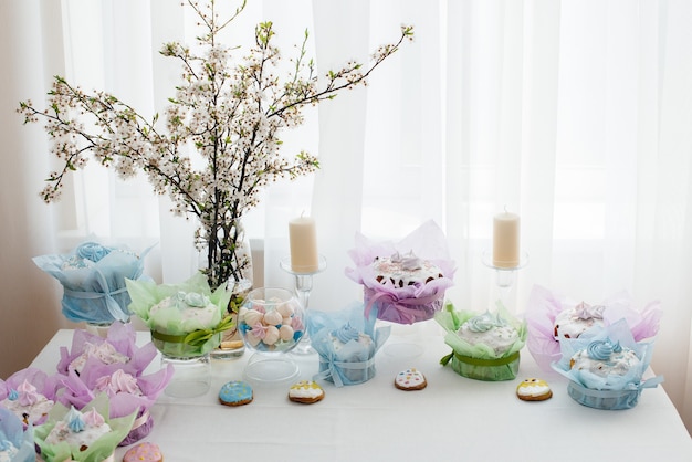 Beautiful Easter cakes on a decorated light table