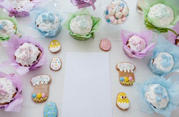 Beautiful Easter cakes on a decorated light table