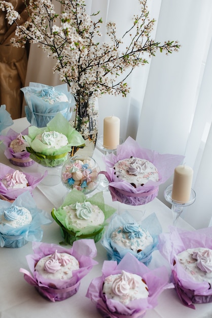 Beautiful Easter cakes on a decorated light table