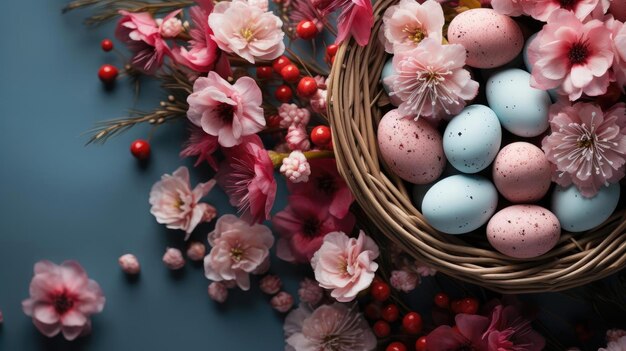 분홍색 계란과 꽃으로 아름다운 부활절 날 배경 개념