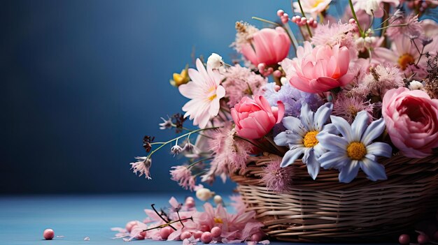 beautiful easter day background concept with pink eggs and flowers