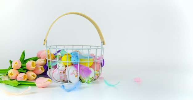 Beautiful Easter decor on a white background Selective focus holiday