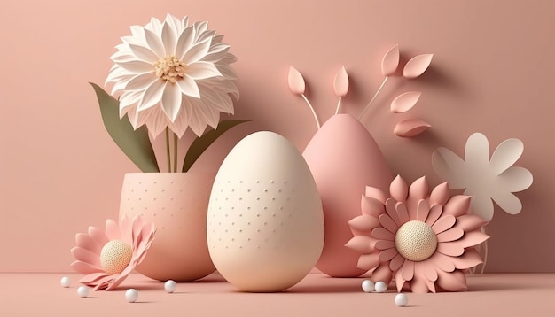 Photo beautiful easter decoration with easter eggs and flowers on pink background