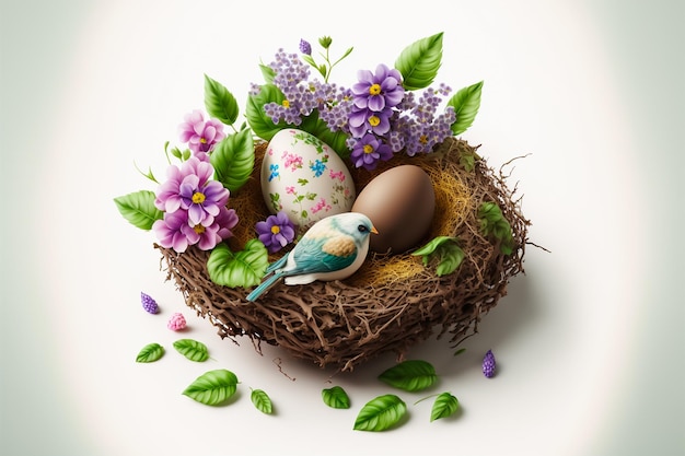 beautiful easter eggs isolated on white background with nest