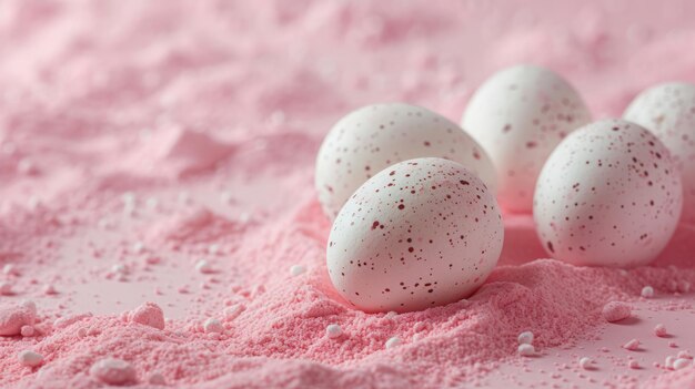 Beautiful easter eggs on pink powder background