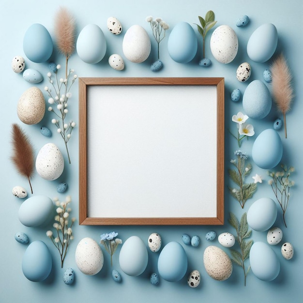 Beautiful Easter frame against blue background with Easter eggs