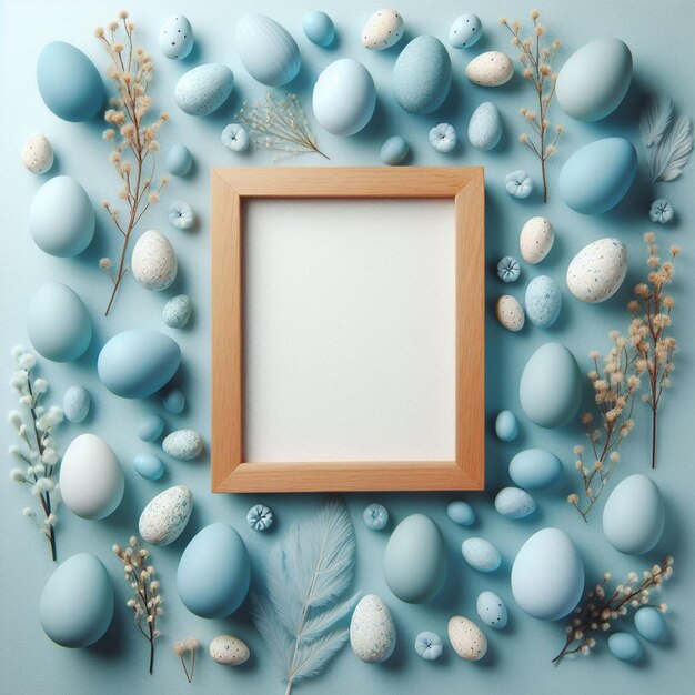 Красивая пасхальная рамка на синем фоне с пасхальными яйцами